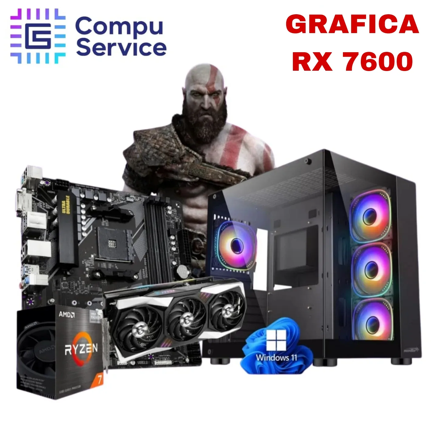 PC RYZEN 7 5700 + GRAFICA RX 7600 + 16GB RAM + SSD 1TB +B550 WIFI GABINETE SOLARMAX CON 3 COOLERS RGB