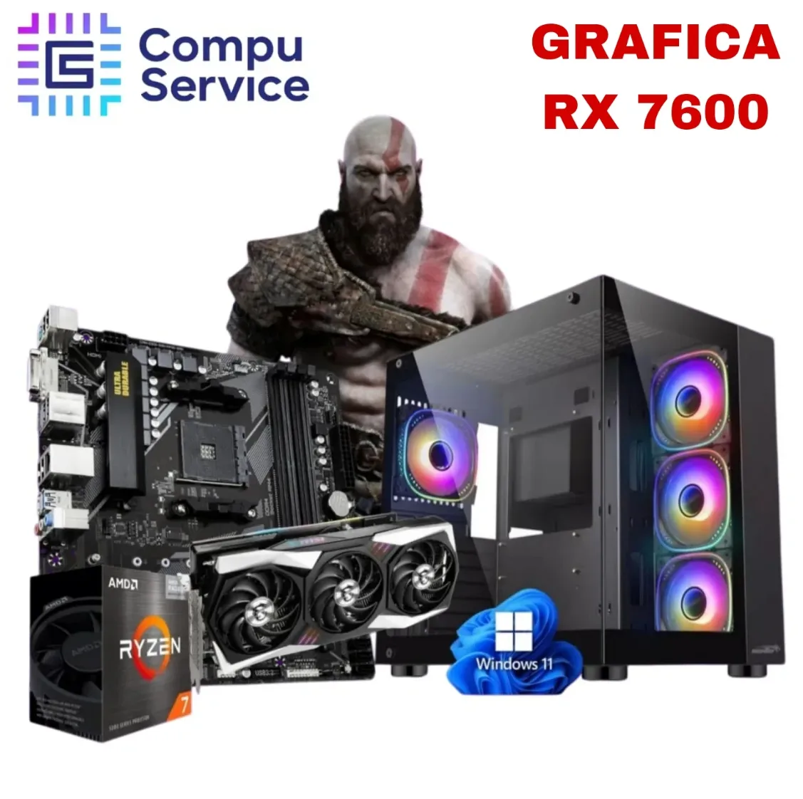 PC RYZEN 7 5700 + GRAFICA RX 7600 + 16GB RAM + SSD 1TB + A520 + GABINETE SOLARMAX CON 3 COOLERS RGB